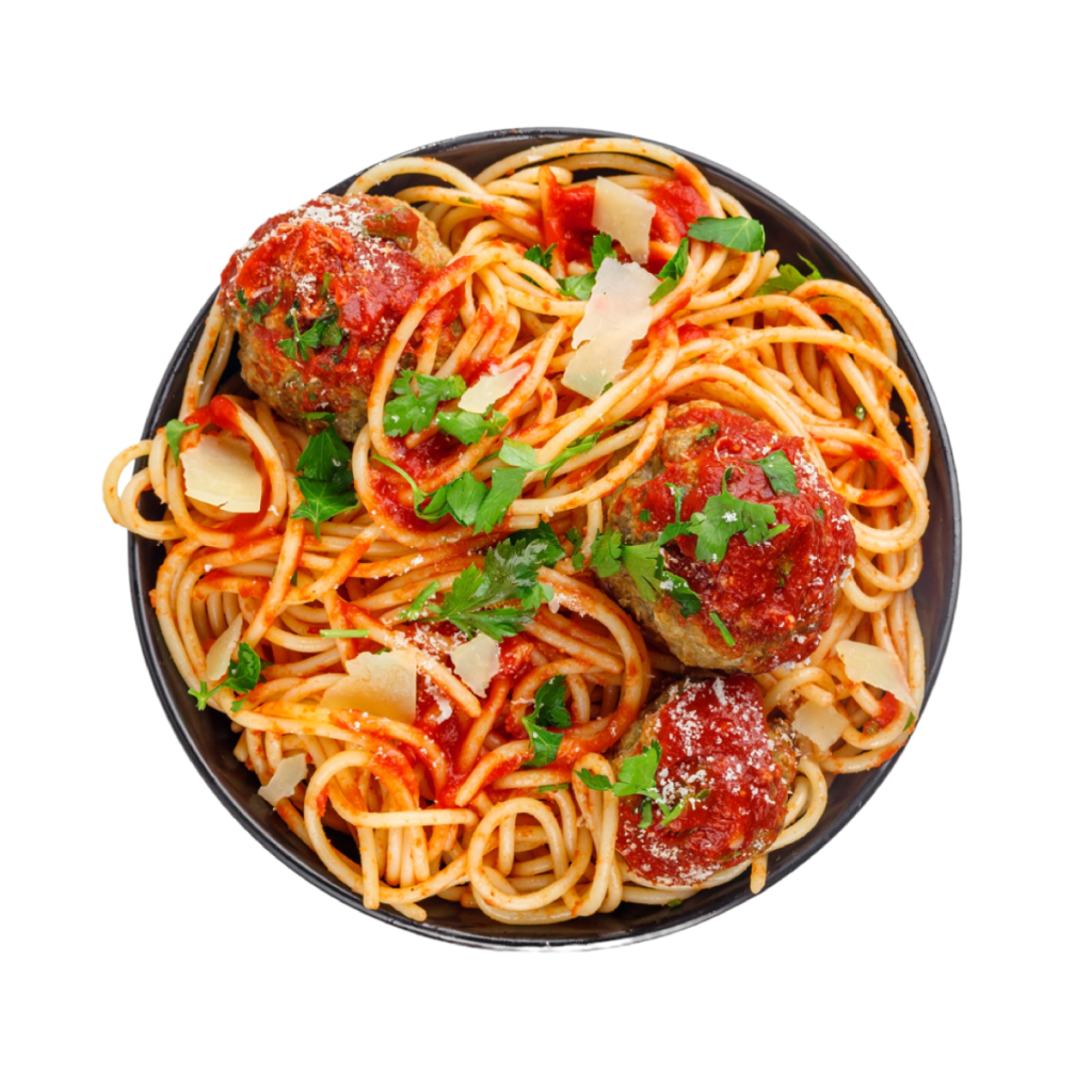 stock image of spaghetti and meatballs with cheese and cheese