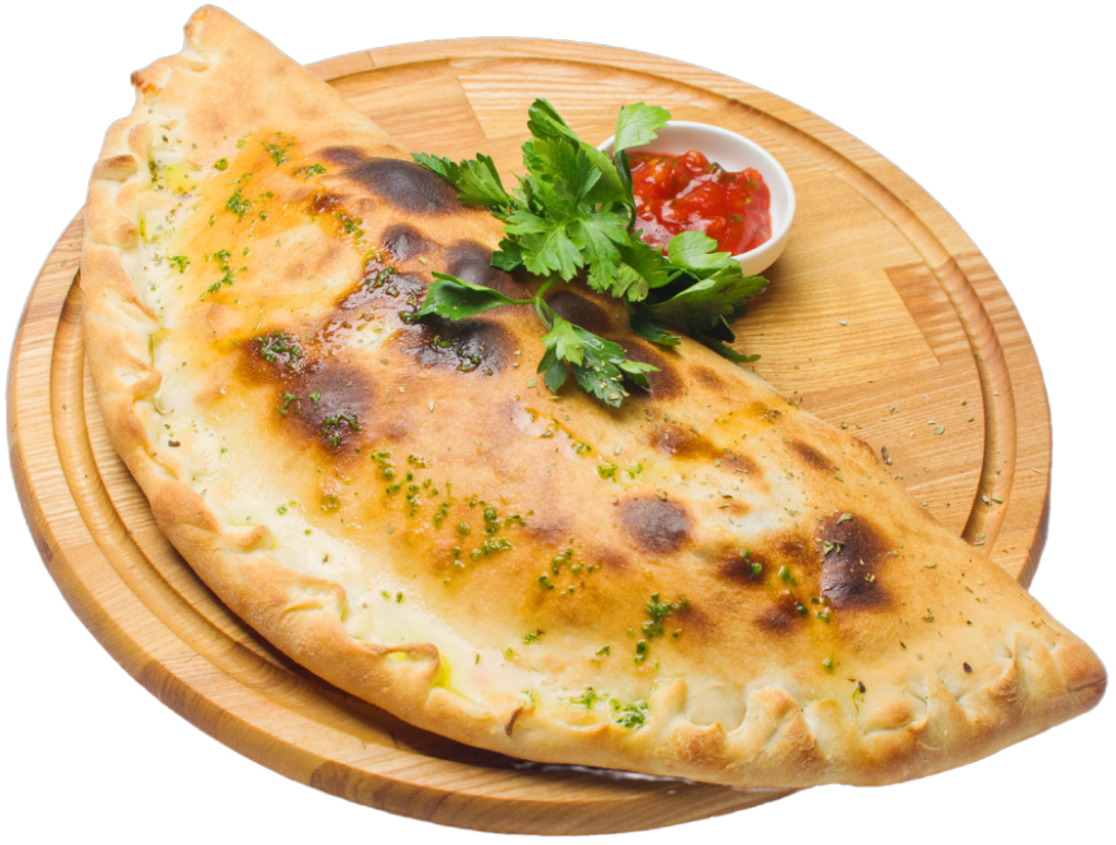 stock image of a calzone with herbs and marinara