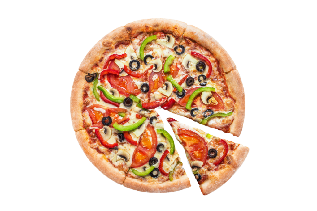 stock image of a supreme cheese pizza with tomato, peppers, olives, mushrooms, with one slice being pulled away
