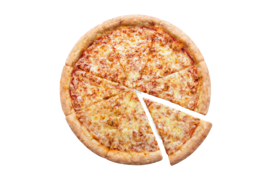 stock image of a plain cheese pizza with one slice being pulled away